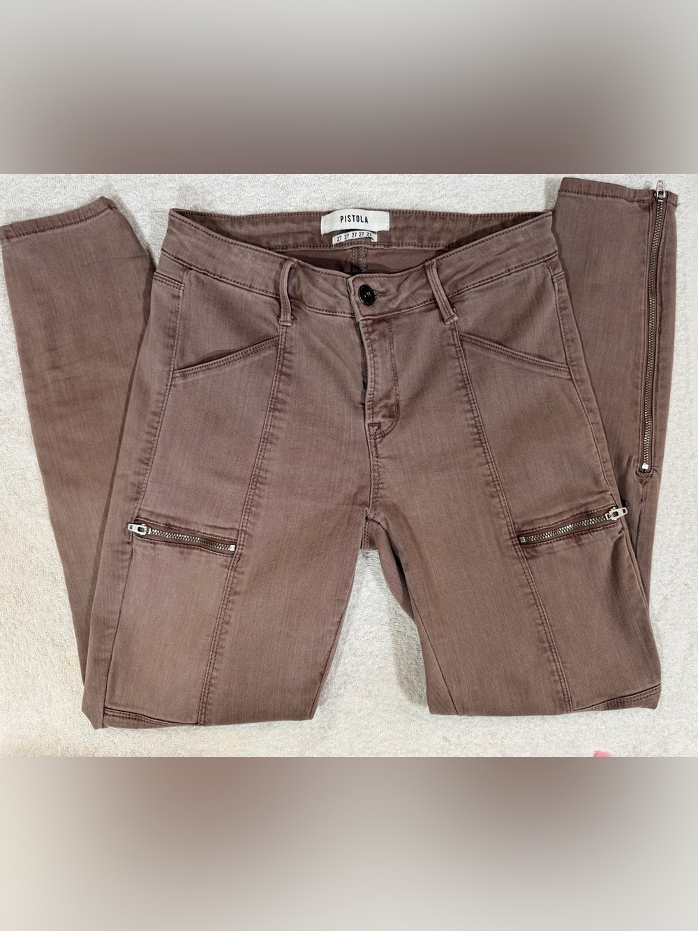 Pistola Topanga Cargo Zipper Taupe High-Rise Button Jeans Edgy Moto Indie Grunge